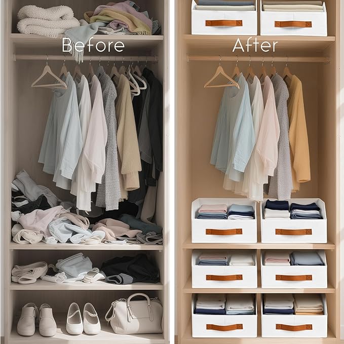 Homsorout Fabric Storage Bins for Organizing - 4 Pack Large Trapezoid Collapsible Storage Bins with Front Handle, Closet Organizers and Storage for Bedroom, Home Shelves, Small Spaces, White
