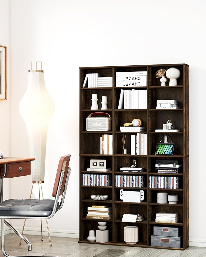 DVD Storage Tower with Adjustable Shelves, 9-Tier DVD Rack Tower for CDs, DVDs, Blu-Rays, Video Games, Rustic Brown Multimedia Storage Cabinet, Media Shelf Organizer for Living Room