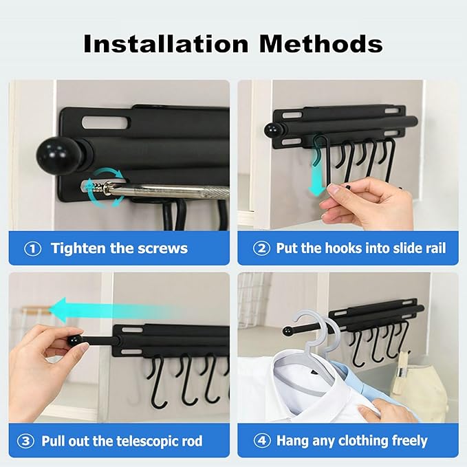 12" Valet Rod for Closet Pull Out, Retractable Slide Out Closet Valet Rod for Hanging Clothes, Closet Extender Hanging Rods With 4 Hooks (Black)