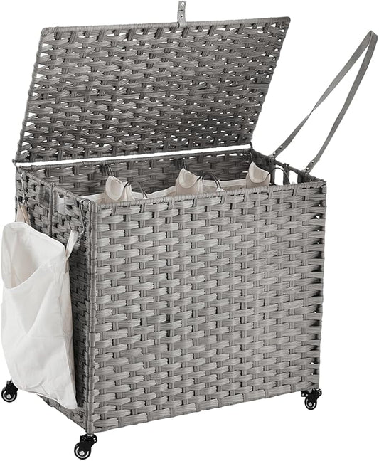 Laundry Hamper with Wheels, 34.3 Gallon(130L) Rolling Laundry Basket with Lid, 3-Section Rattan Clothes Hamper with 3 Removable Liner & 3 Mesh Bags, Laundry Sorter with Side Pocket, Grey