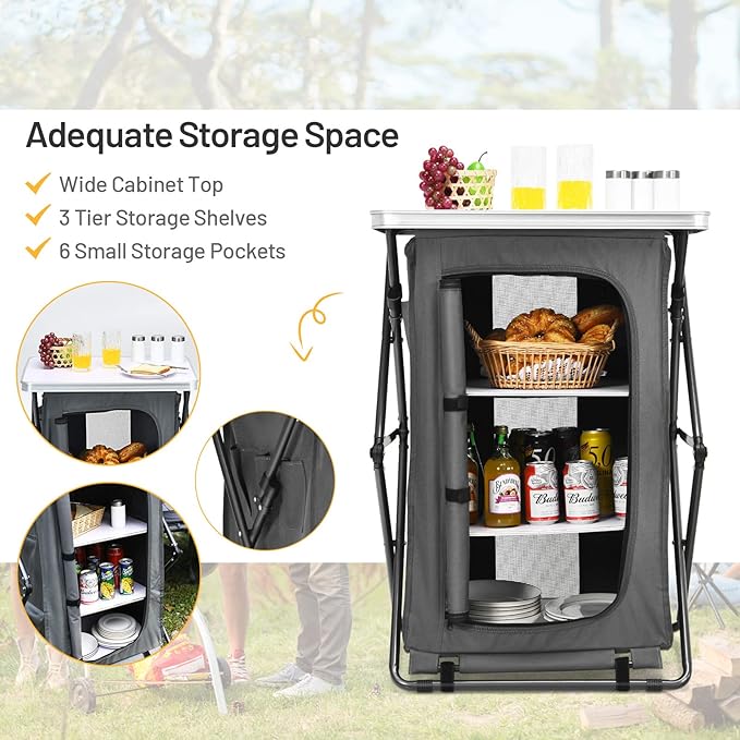 Giantex Folding Camping Storage Cabinet with 3 Shelves and Carry Bag, Portable Outdoor Organizer Kitchen Table, Quick Set-up for BBQ, Picnic, Backyard, Compact Pop-Up Cupboard, 35''H