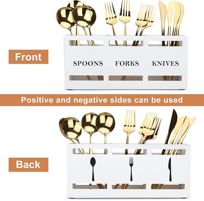 Wooden Silverware Cutlery Holder White Flatware Caddy Kitchen Utensils Holder for Party Wood Silverware Organizer Storage Containers for Countertop Spoon and Fork Holder Flatware Silverware Caddies