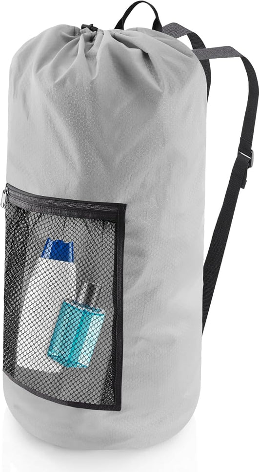 Olosar Laundry Bag Backpack, Extra Large Travel Laundry Bag with Mesh Pocket & Adjustable Shoulder Straps,Dirty Clothes Travel Bag for College Students Dorm,Apartment(Light Gray)