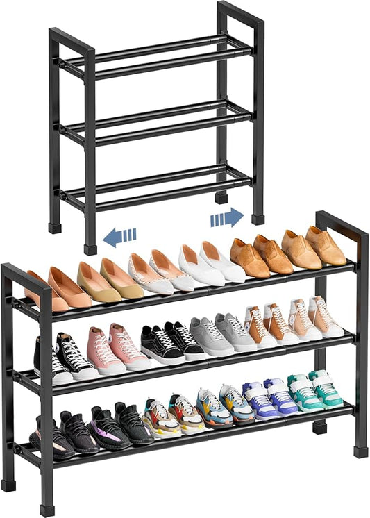 Mavivegue 19“- 43” Adjustable Shoe Rack, 3 Adjustable Length, 3 Tier Expandable Shoe Rack for Closet, Entryway, Shoe Shelf, Black