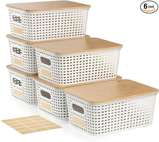 6Pcs Storage Bins with Lids, Stackable Plastic Storage Basket with Bamboo Lid, Pantry Organizer Box Small Containers for Organizing Shelves Drawer Desktop Closet Cabinet Office Classroom 10x7.1x4.1in