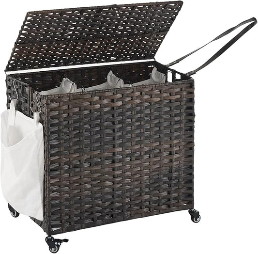 Laundry Hamper with Wheels, 34.3 Gallon(130L) Rolling Laundry Basket with Lid, 3-Section Rattan Clothes Hamper with 3 Removable Liner & 3 Mesh Bags, Laundry Sorter with Side Pocket, Brown