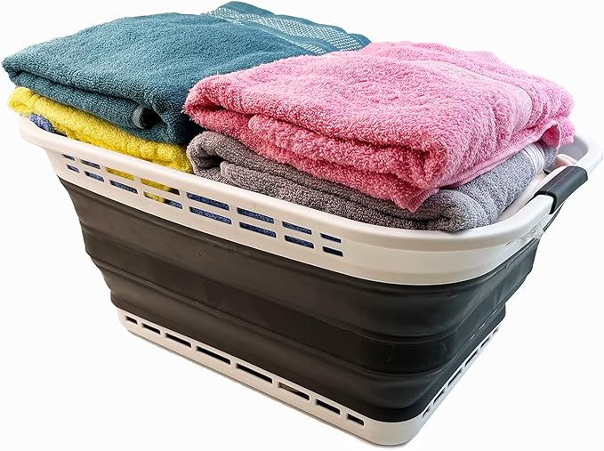 SAMMART 42L (11 gallons) Collapsible Plastic Laundry Basket - Portable Pop Up Storage Container/Organizer - Portable Hamper - Space Saving Easy Storage (White/Asphait (Set of 2))