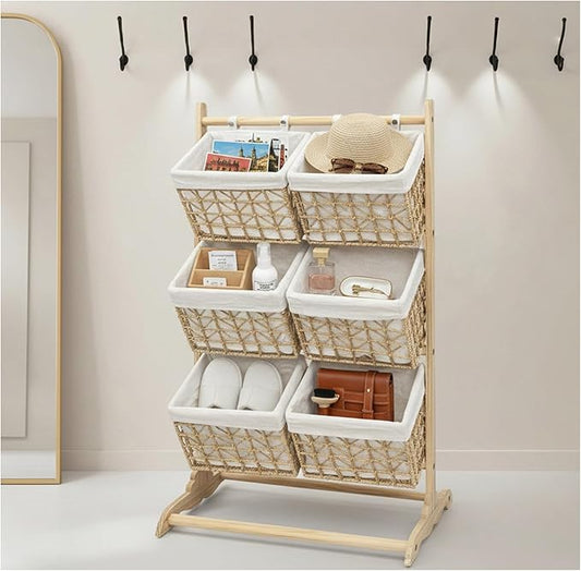 Large Capacity 3-Tier Storage wicker Shelf,Stackable multi-story storage baskets Laundry Hamper & Organizer for Kids' Toys Clothes and Snacks,Multipurpose Rattan Corner Rack for Kitchen Office Garage