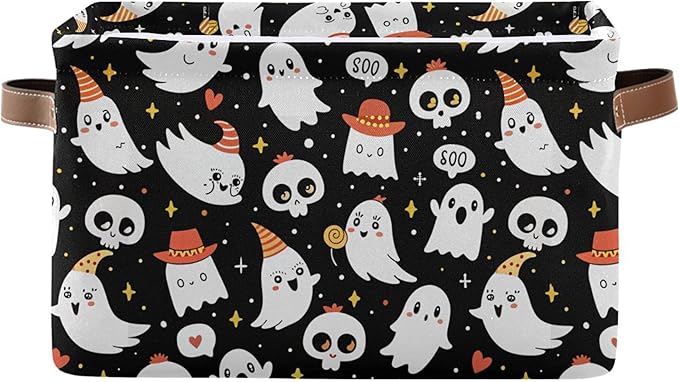 xigua Halloween Ghost Storage Basket Collapsible Storage Bins Waterproof Canvas Storage Basket with Leather Handles for Home Closets Offices,Bedrooms,Gift Baskets,1PCS