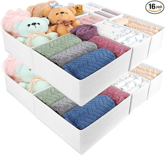 Drawer Organizer Clothes, 16 Pack Dresser Organizer Bins, Foldable Closet Organizers and Storage Fabric Dresser Bins, Shallow Drawer Dividers for Clothing, Underwears, Socks, Tie