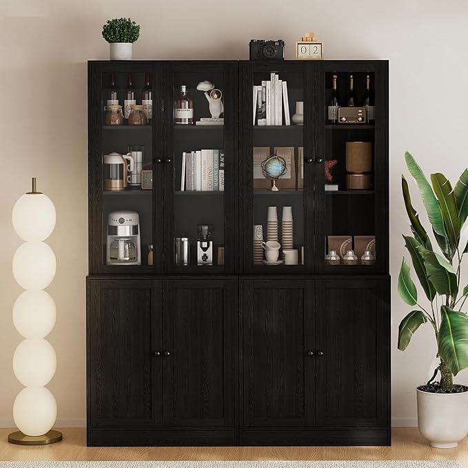 TUSY 71" TV Stand Storage Set - 2 Tall Bookcases & 2 Side Cabinets, Media Console with Glass & Wood Doors, Entertainment Center with Drawers, Tall Media Console for Living Room (Black, AFFA)