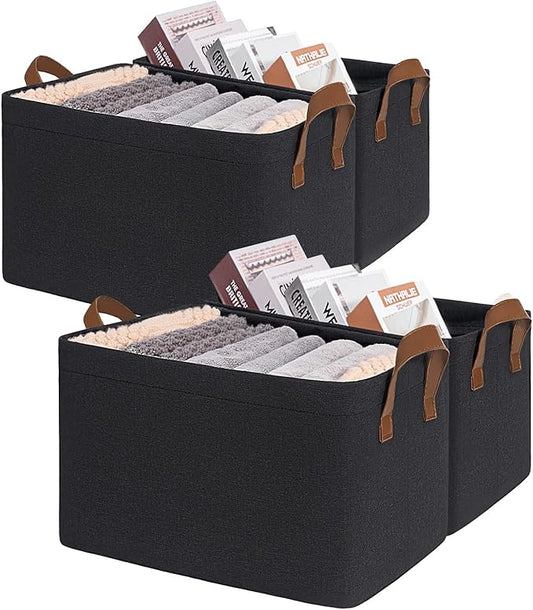 CHICVITA Storage Baskets for Shelves, Large Fabric Storage Bins with Metal Frame, Closet Storage Bins for Clothes Toy Organizer, 16 ¾" L x 11" W x 9 ¾" H, Black, 4-Pack