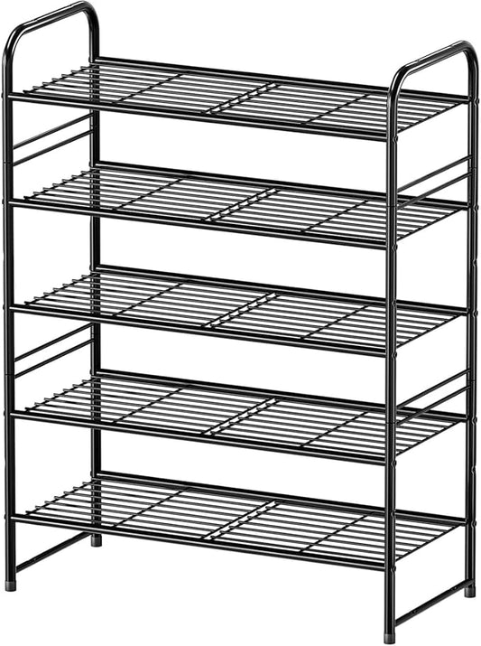 Shoe Rack, 5-Tier Metal Shoe Shelf Storage Organizer for Closet, Entryway, Stackable Black
