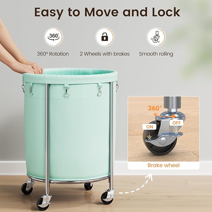 ELYKEN 190L Laundry Basket with Wheels, Large Rolling Laundry Hamper with Removable Liner Bag, Round Rolling Laundry Cart, Dirty Clothes Hamper for Hotel, Home, Closet, Dorm, Mint Green