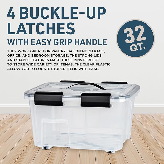 Lifemaster Stackable Storage Box Set - 6 Pieces 32 Quarts Multi-purpose, Space-Efficient Stackable Storage Boxes with Nestable Design, Secure Latches, Easy-Move Wheels & Pull-Out Base - Clear