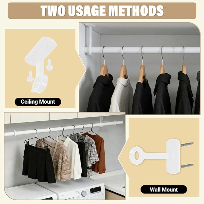 Closet Rods for Hanging Clothes Ceiling or Wall Mounted, 17–95 Inch Closet Rod Heavy-Duty Stepless Telescopic Clothes Hanging Rod for Closet Kitchen Laundry Room Living Room Balcony (White)