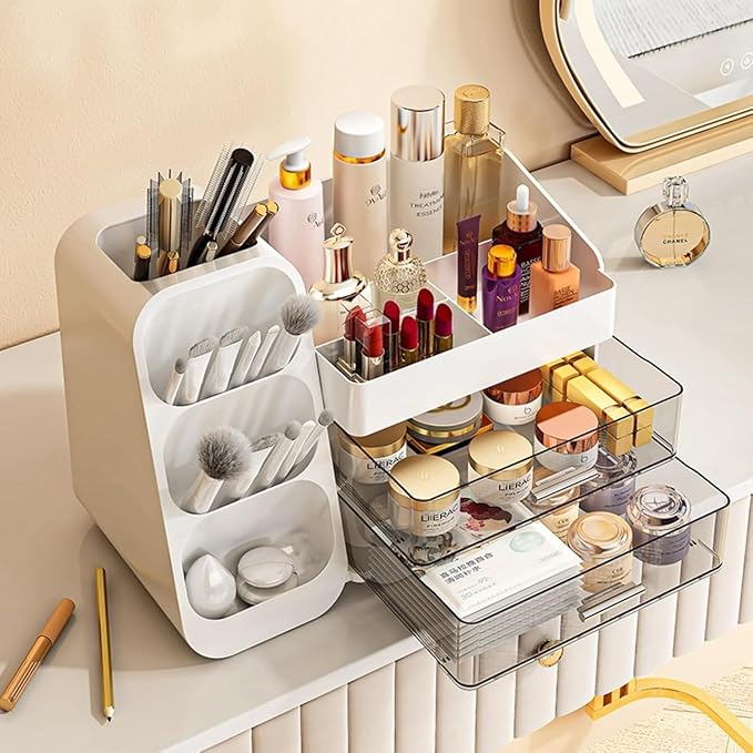 Booklov Makeup Organizer for Vanity, Large Capacity Cosmetic Display Case with Clear Acrylic Drawer, Countertop Beauty Storage Holder for Skincare, Brush Eyeshadow Lipstick Counter Desk, Crystal White