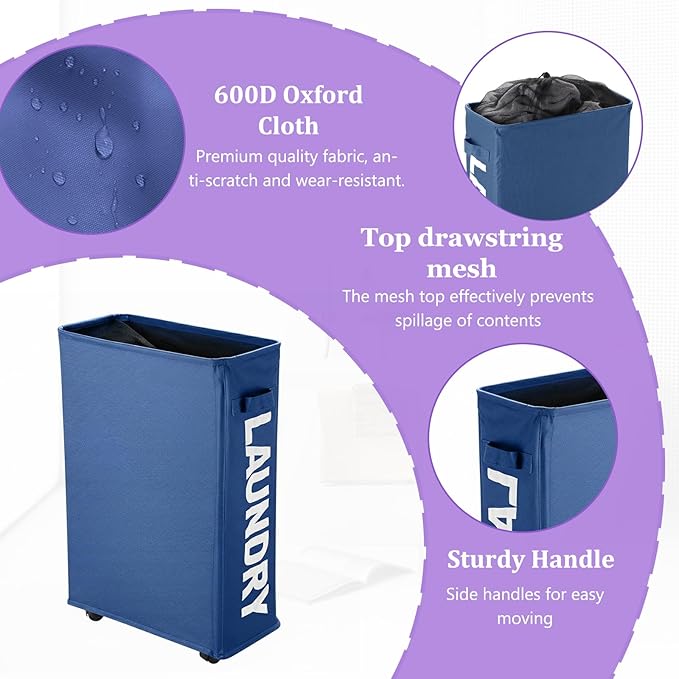 Narrow Laundry Basket with Wheels, 42L Slim Rolling Laundry Hamper with Brake, Collapsible Dirty Clothes Hamper with Mesh Cover & Handle, Storage Bin for Dorm, RV, Small Spaces, Navy Blue