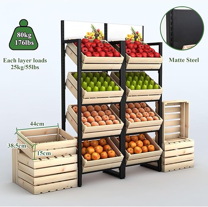 3/4 Tier Fruits & Vegetables Kitchen Shelf Rack Display,Retail Snack Stand, Large Solid Wood Floor Multi-layer Storage Frame for Commercial Supermarket(E-4 Tier)