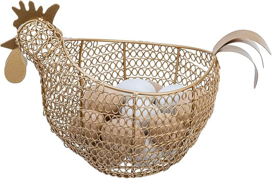 MyGift Vintage Brass Tone Metal Wire Fresh Egg Gathering Basket in Decorative Chicken Shaped Design, Farmhouse Easter Decor Egg Display Storage Basket for Counter