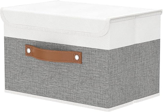 OUTBROS Collapsible Storage Cubes with Lid, Linen Fabric Wardrobe Baskets, Large Box For Towels, Clothes, 15 x 9.8 x 9.8 inch (White/Grey, 1-Pack)