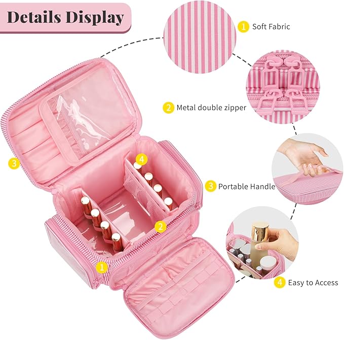 Large Makeup Bag, Portable Travel Makeup Bag Organizer for Women Girls with Makeup Brush Compartment & Two Side Pockets, Cosmetic Travel Bag Vertical Storage Toiletry Bag - Pink Stripe