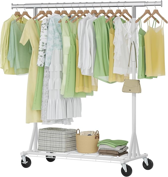 Hoctieon 1-Minute Assembly Clothes Rack, 480 lbs Heavy Duty Rolling Clothing Racks with Wheels, Foldable Garment Rack, Extendable Hanging Bar, Adjustable Metal Pole with Hooks, White