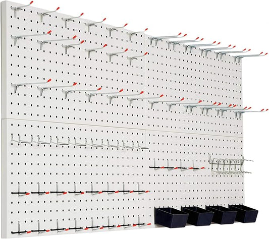 Peg Board for Wall 48x24 inch with 63 Pcs Hooks Accessories, Garage Storage Pegboard Wall Organizer, Metal Pegboard Panels with Hooks, Modular Mounted Control Peg Board Tool Organization (White)