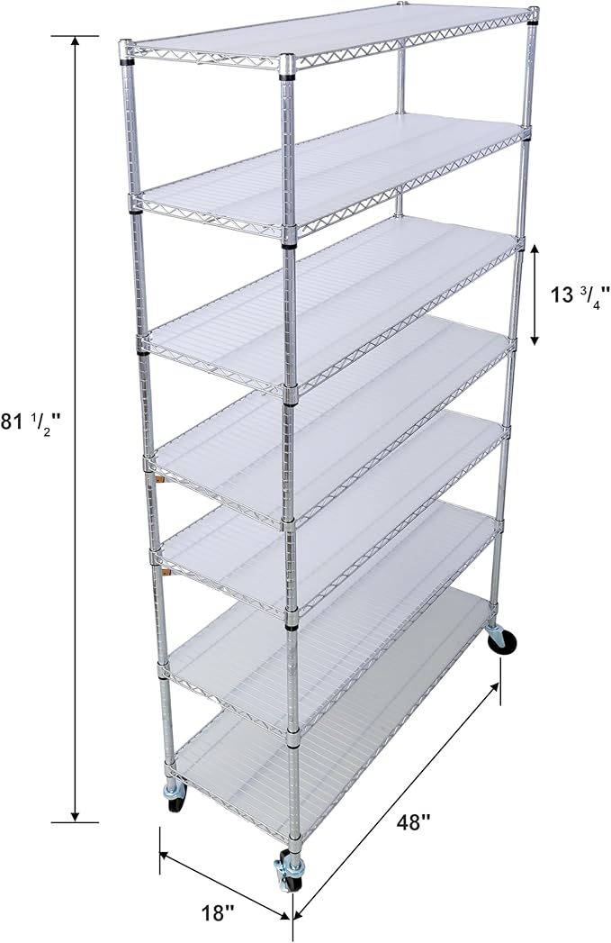 7 Tier Storage Racks Shelving, Heavy Steel Pantry Shelves, Adjustable Wire Shelving Rack with Wheels, Suitable for Garage, Kitchens, Bathroom, Offices, 48" W x 18" D x 82" H, Chrome