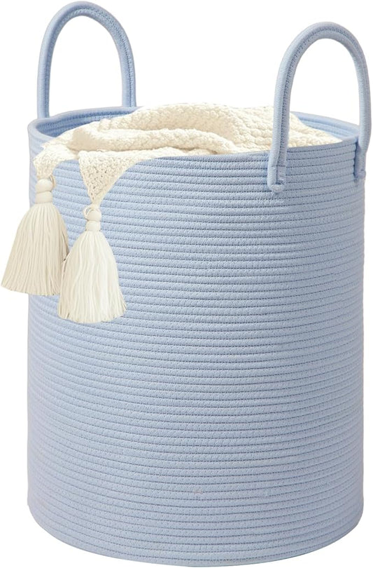 Large Woven Laundry Basket Hamper,60L Cotton Rope Storage Basket for Blankets in living room,Decorative Tall Nursery Hamper for Toys and Clothes,Baby Basket,Blue