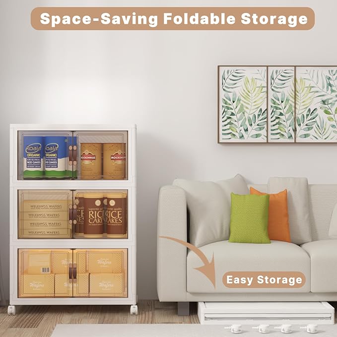 UAMFURI Extra Large Stackable Storage Bins with Lids & Wheels, 360QT-120QT/30GAL*3Pack Foldable Collapsible Closet Organizers Storage Cabinet with Doors for Bedroom Dorm