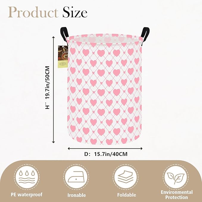 HUNRUNG Collapsible Fabric Storage Basket, Waterproof Laundry Hamper with Handles, Round Storage Bin for Clothes Toys, Foldable Organizer for Bedroom Nursery Bathroom(Round-Heart)