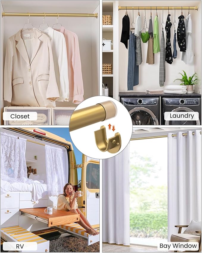 Supforce Closet Rods for Hanging Clothes, 17 to 39 Inches Stepless Adjustable Metal Closet Rod, 1.3 Inches Heavy Duty Clothes Hanging Rod for Closet Wardrobes Laundry RV, Golden