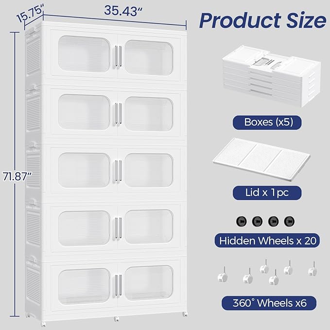 250Gal Extra Large Stackable Storage Bins with Lid & Wheels & Doors, 200QT/50GAL 5-Tiers Collapsible Closet Organizers Plastic Containers Drawers Boxes for Home Kitchen Bedroom, White