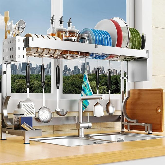 MINGLING Over Sink Dish Drying Rack Kitchen Dish Rack Over Sink Height & Width Adjustable Large Over Sink Dish Drainer Rack Full Stainless Steel (W21.2-37"~ H18.5-22" Silver)