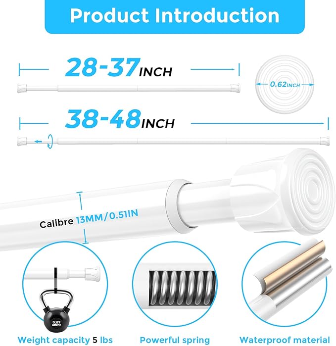 AIZESI Tension Rods for Windows 28 to 48 inch, Adjustable Short Curtain Rods No Drilling Small Tension Rods for Windows Door Kitchen Curtain, White