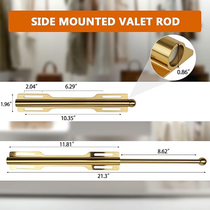 Valet Rod for Closet Pull Out, Rod for Bedroom Laundry Room Bathroom, Brushed Gold