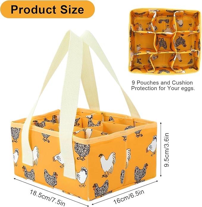 Removable Egg Collecting Basket, Egg Basket for Gathering Fresh Eggs with 9 Pouches, Foldable Canvas Egg Holder, Collector Egg for Chicken, Duck, Goose, Collection (Yellow-flowered Chicken)