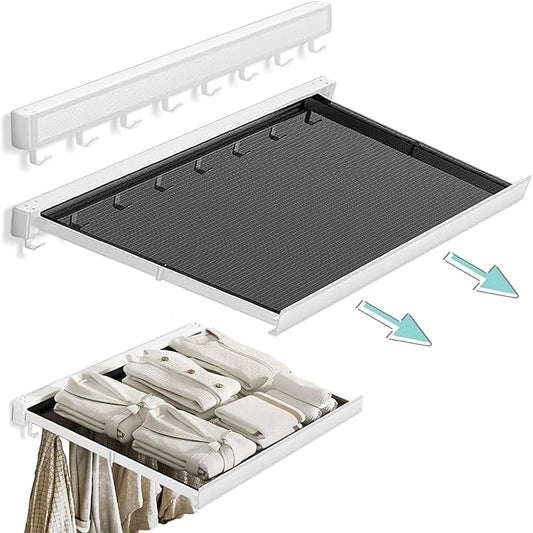 LETINE Wall Mounted Drying Rack: Retractable Indoor Clothes Drying Rack – Aluminum Alloy Frame w/Soft Mesh Surface. Laundry Rack & Temp Shelf for Balcony, Bathroom, Kitchen. with 8 Hooks (White, L)