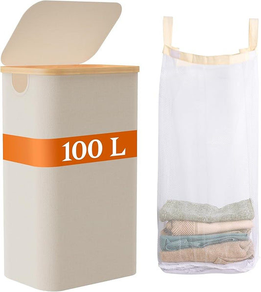 Laundry Baskest with Lid, 100L Large Tall Laundry Hamper with Removable Bag, Collapsible Laundry Hamper for Bedroom, Bathroom, Dorm, Laundry Room, Beige