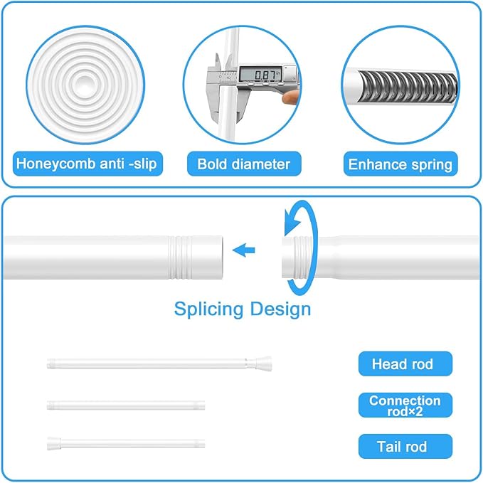2 Pack Spring Tension Rods 30-64 Inches, 7/8 Inch Diameter White No Drill Spring Loaded Adjustable Extendable, Small Short Tension Curtain Rod for Windows Kitchen Doorway Closet Cupboard