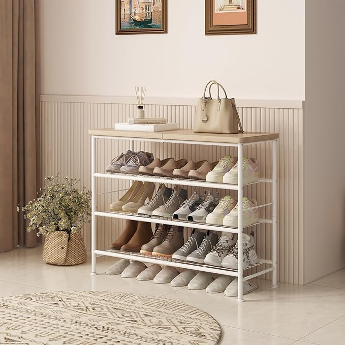 SUOERNUO Shoe Rack Organizer 4 Tier for Closet Entryway Free Standing Metal Storage Shoe Shelf with MDF Top Board，White+Oak