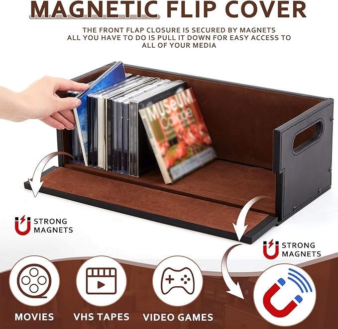CroBlissful 2 Set Leather Cd Storage Box Organizer Shelf for Movie Cases Cassette Tape Display Stand with Carrying Handles Each Store up to 33 Pcs Cds for Dvds, Video Game Disks, Albums, Books