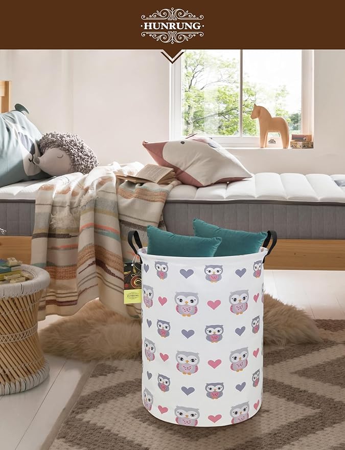 HUNRUNG Collapsible Fabric Storage Basket, Waterproof Laundry Hamper with Handles, Round Storage Bin for Clothes Toys, Foldable Organizer for Bedroom Nursery Bathroom(Round-Love Owl)
