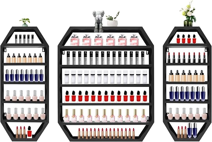 Wall-Mounted Nail Polish Storage Racks, 3PCS Multi-Tiers Metal Cosmetic Display Rack Lipstick Perfume Display Rack with 1 Middle Rack & 2 Side Racks for Spa Nail Salon Shop (Black)