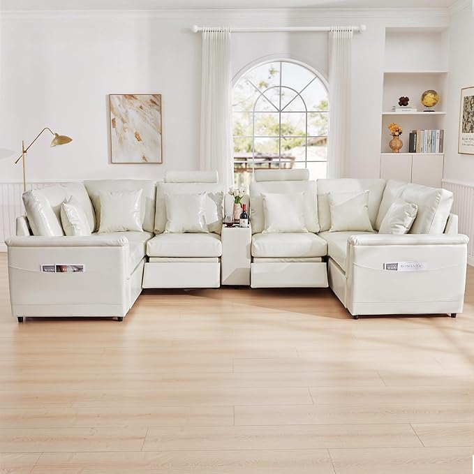 LEVNARY 6-Seat U Shaped Modular Sectional Sofa with Power Recliners, Upholstered Faux Leather Couch Storage Console with Charging Ports & Cup Holders, Living Room Couch Set for Home Office (White)