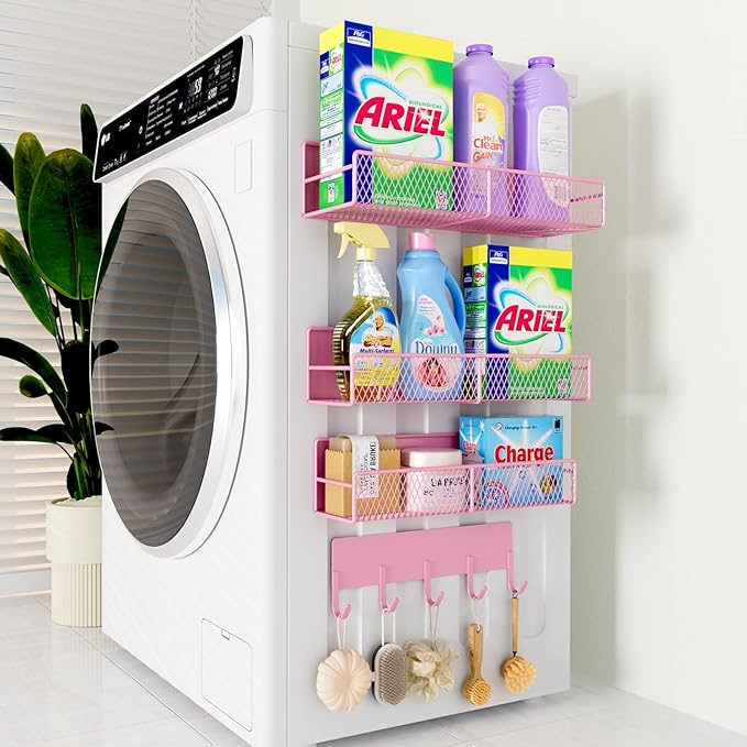 4 Pack Magnetic Shelves for Washing Machine, Heavy-Duty Magnetic Laundry Organizer with Hooks, Washing Machine Shelf for Refrigerator, Metal Storage Baskets, Closet & Laundry Room Organization (Pink)