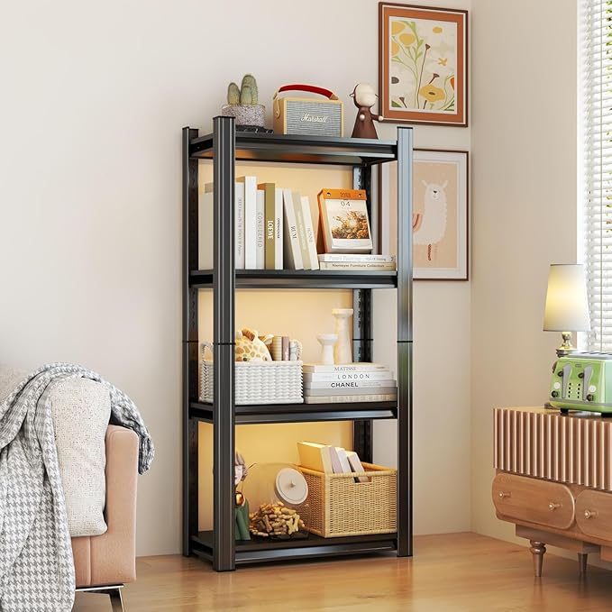 4 Tier Storage Shelves Small Shelves Metal Shelf Organizer Unit Adjustable Steel Shelving for Shop, Warehouse, Basement, Kitchen, Bedroom, Garage, Black, 34" W X 12" L X 54" H