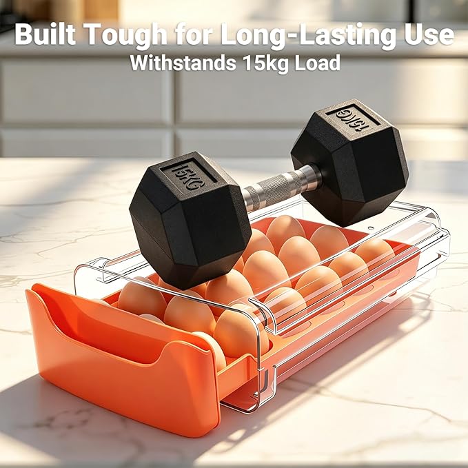 Egg-Holder for Fridge, 18-Count Egg-Storage for Refrigerator Countertop, 1 Tier Dispenser with Drawer, Stackable Clear Egg Tray Container, Egg Organizer, Fits Large Eggs, Orange