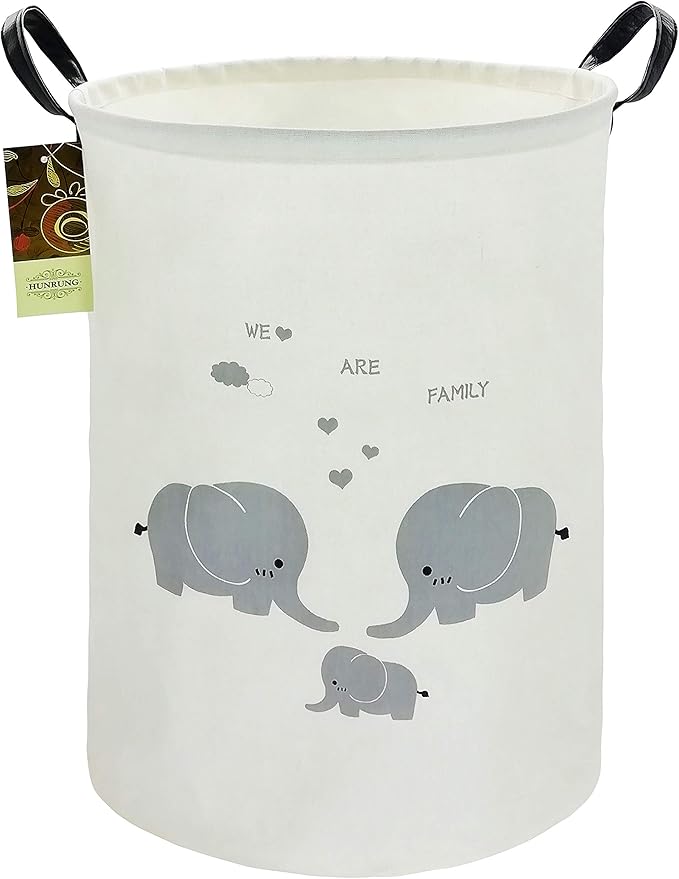 HUNRUNG Collapsible Fabric Storage Basket, Waterproof Laundry Hamper with Handles, Round Storage Bin for Clothes Toys, Foldable Organizer for Bedroom Nursery Bathroom(Round-Family elephants)